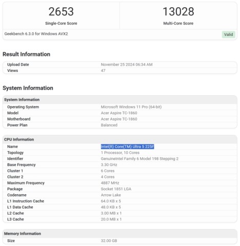 Intel Core Ultra 5 225F